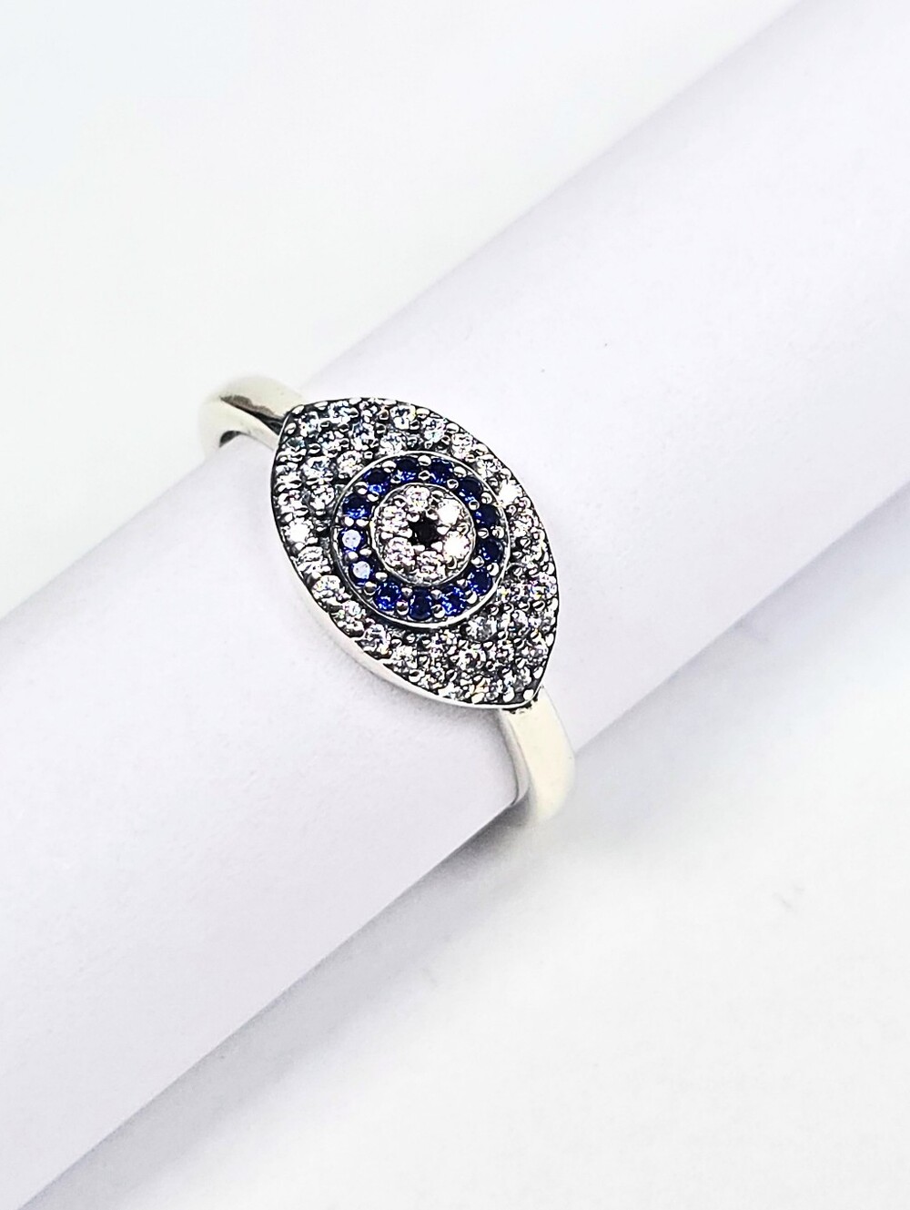 Ring Evil Eye Marquise CZ Sparkling Blue White Rhodium 925 Sterling Silver Sz #8